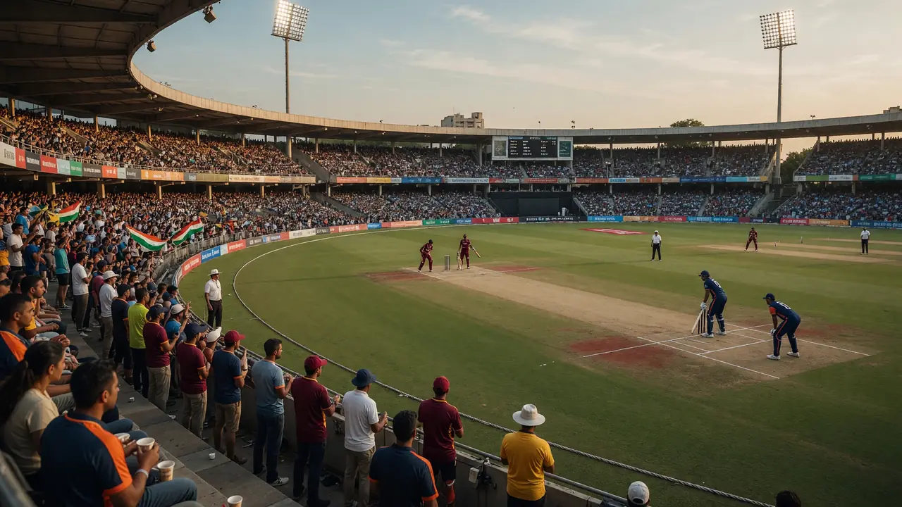 Wide daytime view of Cobham Oval style cricket ground prepared for a Ford Trophy List A match under clear winter light