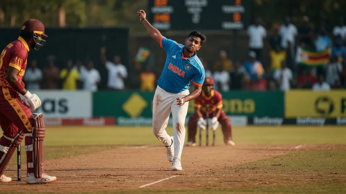 India pace bowler in a blue jersey mid-delivery on a sunlit dirt pitch with a maroon-clad batter at the non-striker end