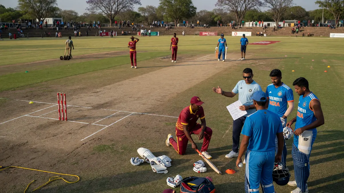 Coach holding a fielding chart briefs India players in blue beside a kneeling maroon-kit batter near red practice stumps