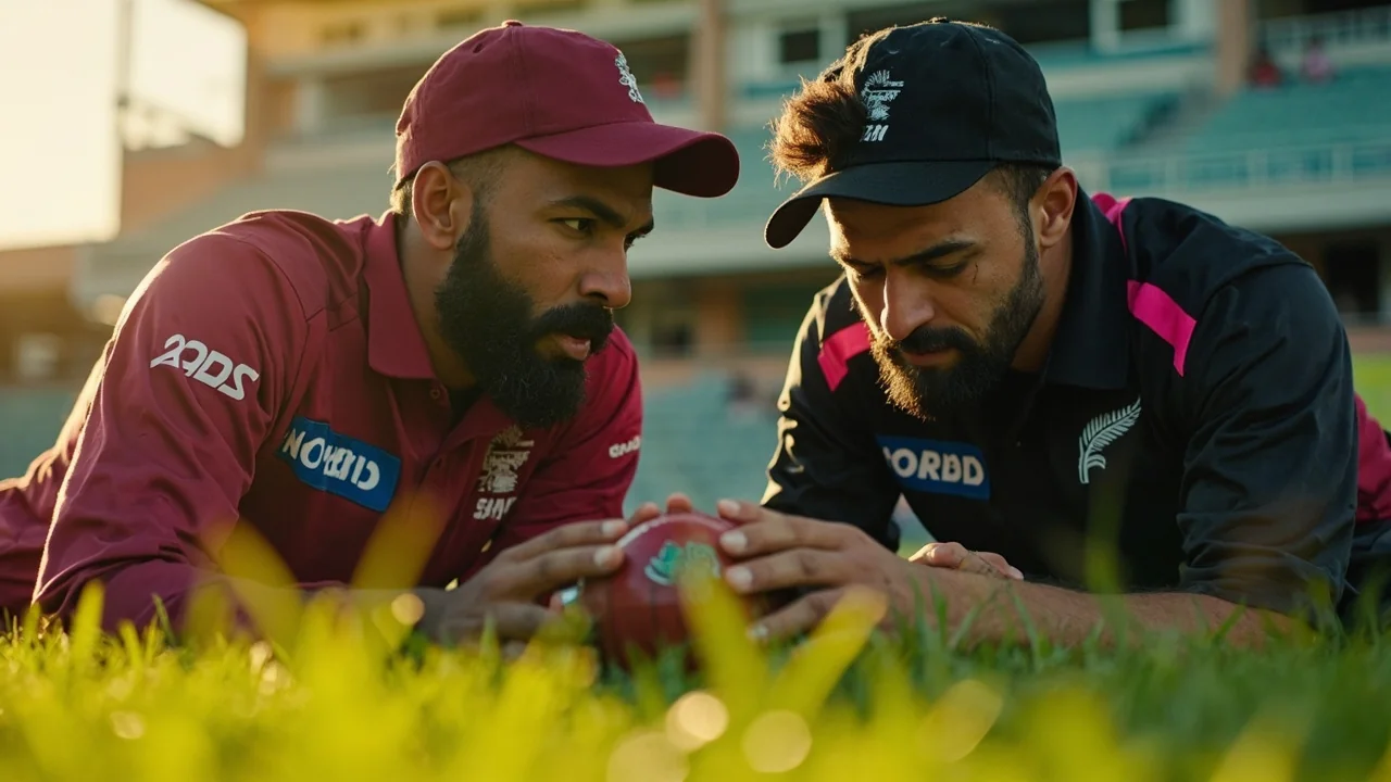 Two batters discuss a tactical adjustment mid-innings during a West Indies training session on a turning Caribbean wicket