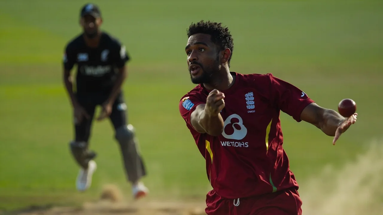 A spinner stretching mid-delivery on a slow, grippy Barbados wicket during a West Indies vs New Zealand ODI